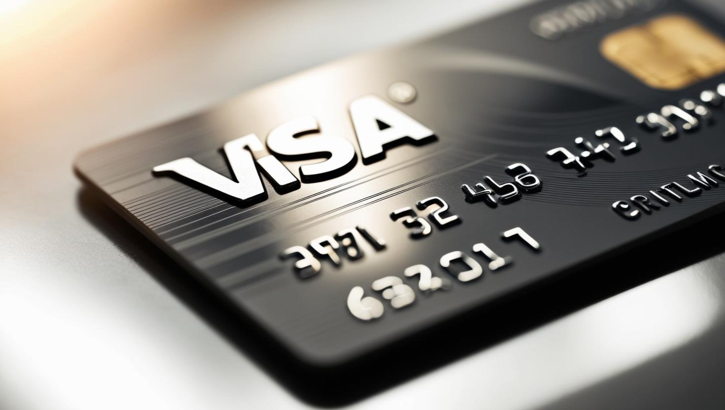 Close-up of a black Visa credit card with embossed logo and numbers